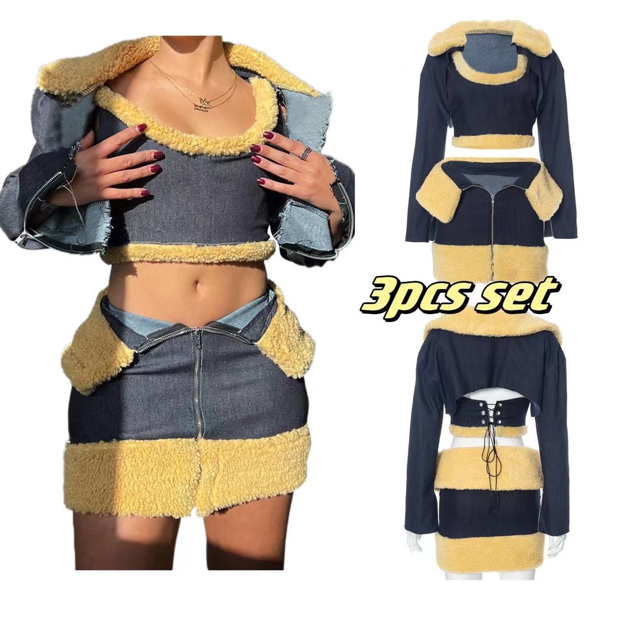 Winter Sexy Casual Denim Patchwork Fur Casual Women 3 Piece Short Crop Cardigan Coat With Vest With Mini Denim Skirts Sets