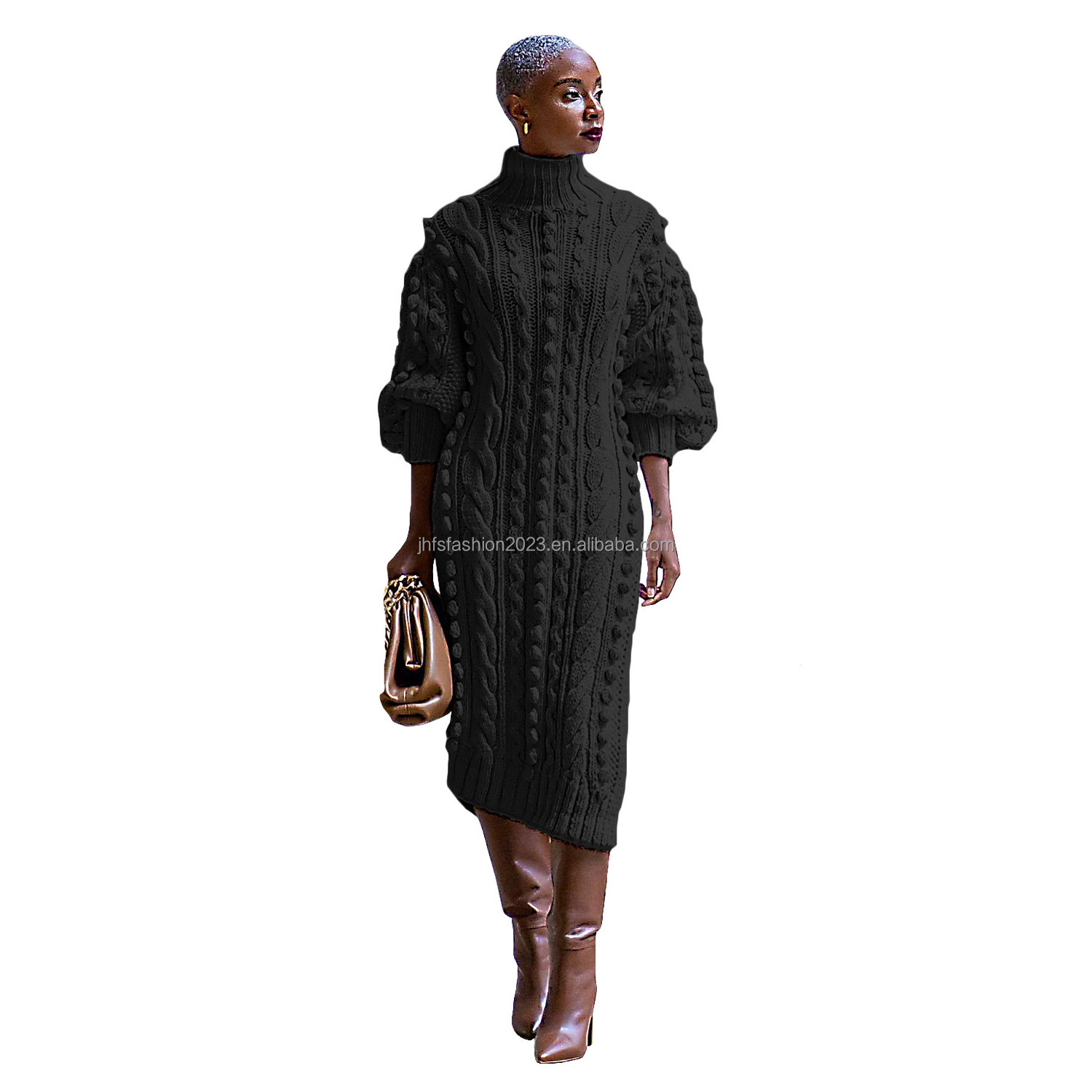 Stand neck thick pullover sweater dress with high slit ladies winter dress puff sleeve crochet sweater dress