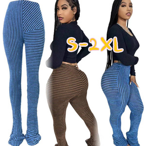 2023 latest hot sale fuzzy stacked sweat pants women high waist striped fur pants ladies slim fit casual fall pants trousers