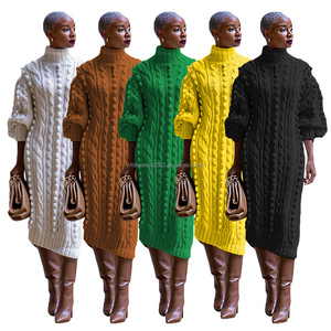 Stand neck thick pullover sweater dress with high slit ladies winter dress puff sleeve crochet sweater dress