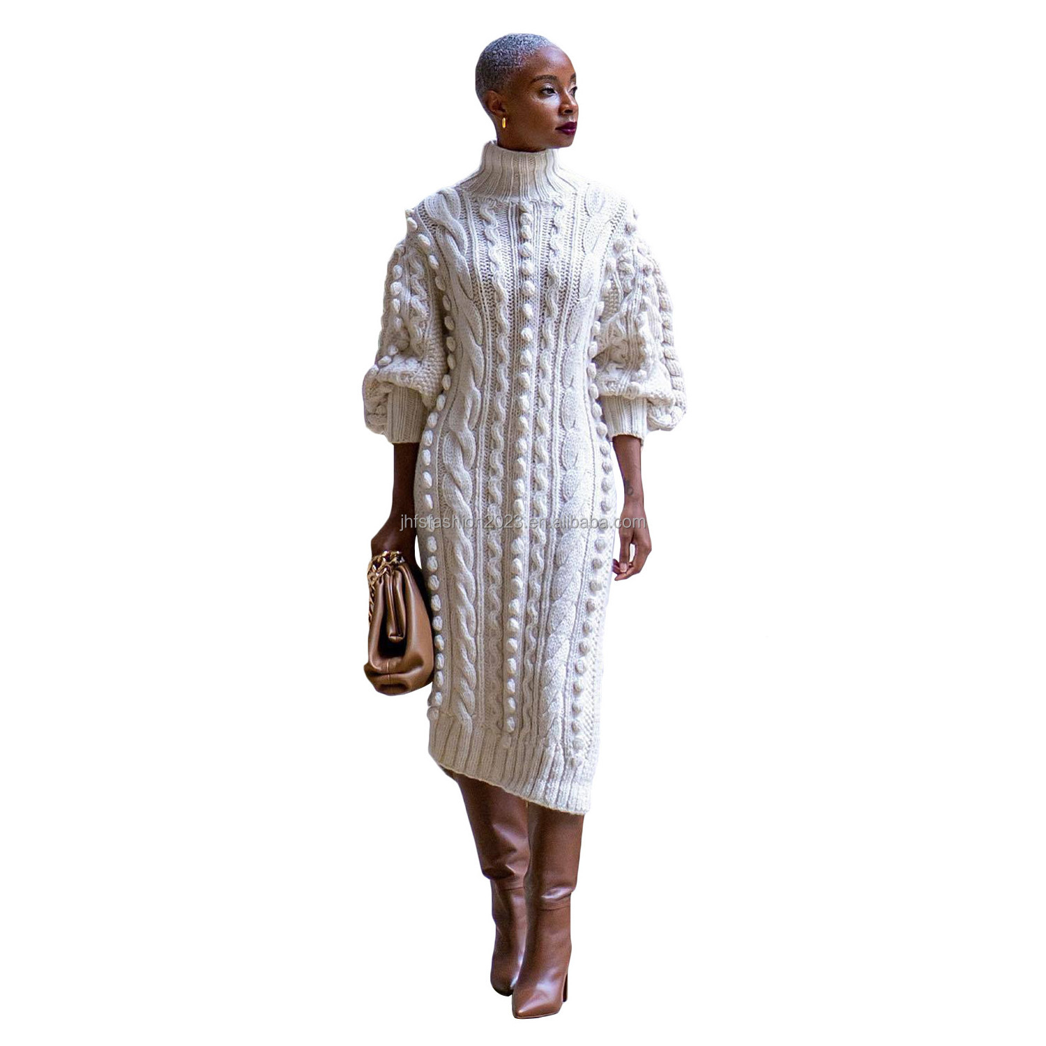 Stand neck thick pullover sweater dress with high slit ladies winter dress puff sleeve crochet sweater dress