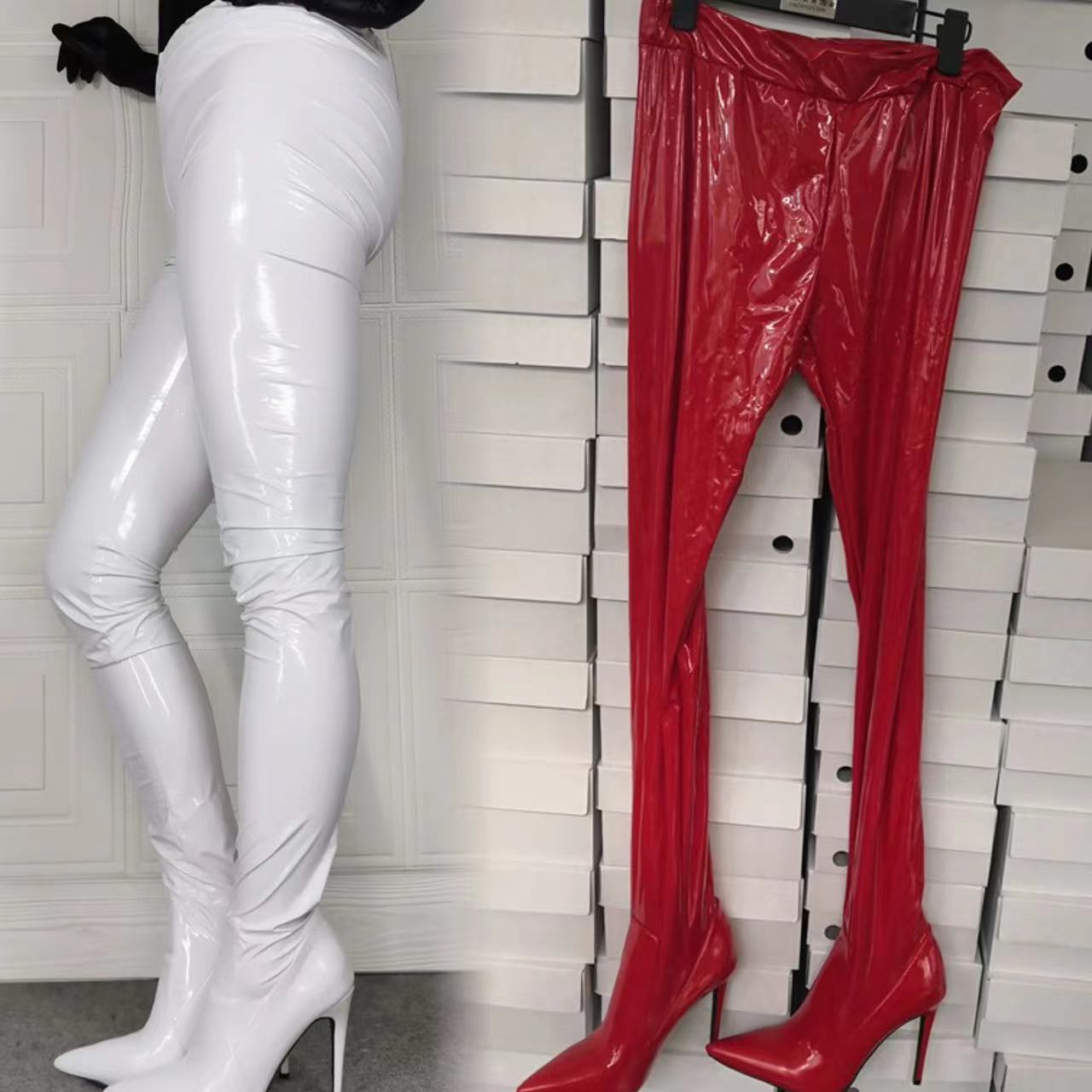 Custom performance wear over the knee stiletto leather thigh high crotch pants boots pointed toe sexy ladies high heels