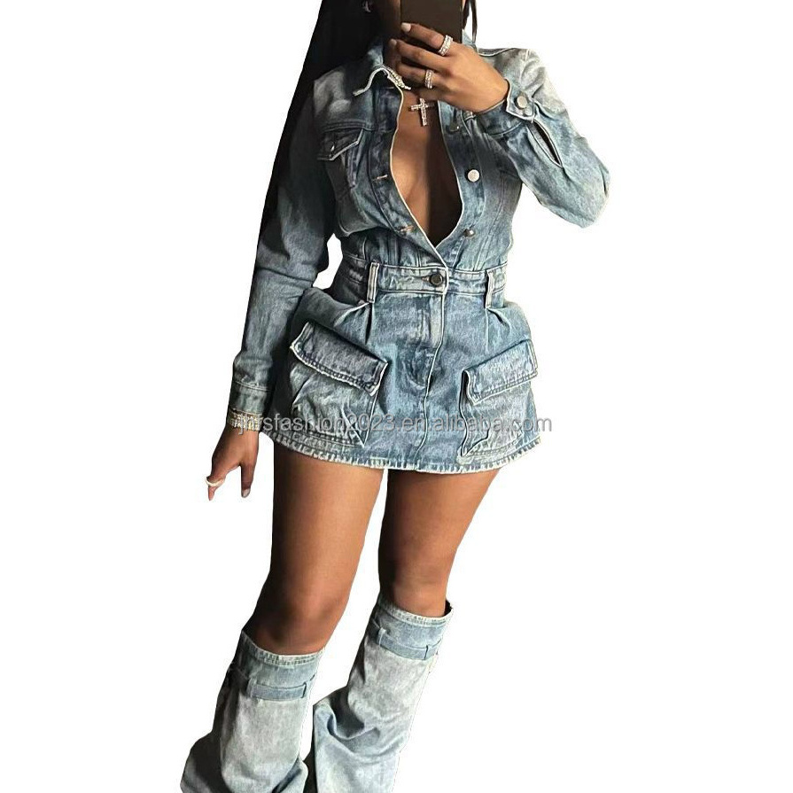 High fashion chic multi pockets jean dress with calf sleeves ladies sexy blue denim vintage dress suits fall 2023 clothes