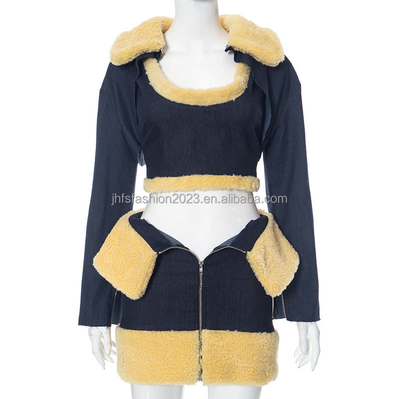 Winter Sexy Casual Denim Patchwork Fur Casual Women 3 Piece Short Crop Cardigan Coat With Vest With Mini Denim Skirts Sets