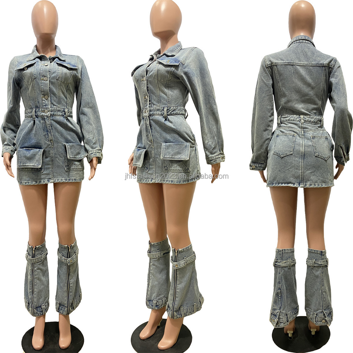 High fashion chic multi pockets jean dress with calf sleeves ladies sexy blue denim vintage dress suits fall 2023 clothes