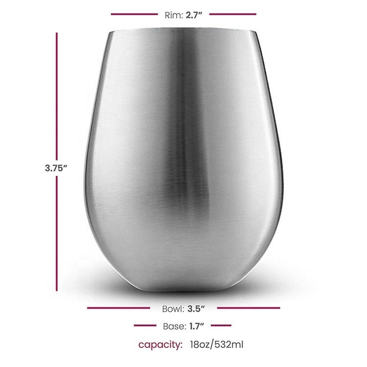 DDP 18 oz  single wall 18/8 Stainless Steel Wine Glass Unbreakable Stemless Wine Glass