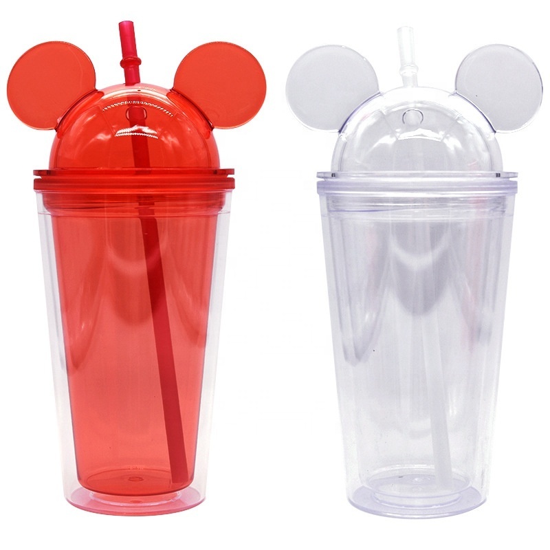 wholesale 16oz 480ml Acrylic mouse ears tumblers cups with lid and straw double wall acrylic tumbler