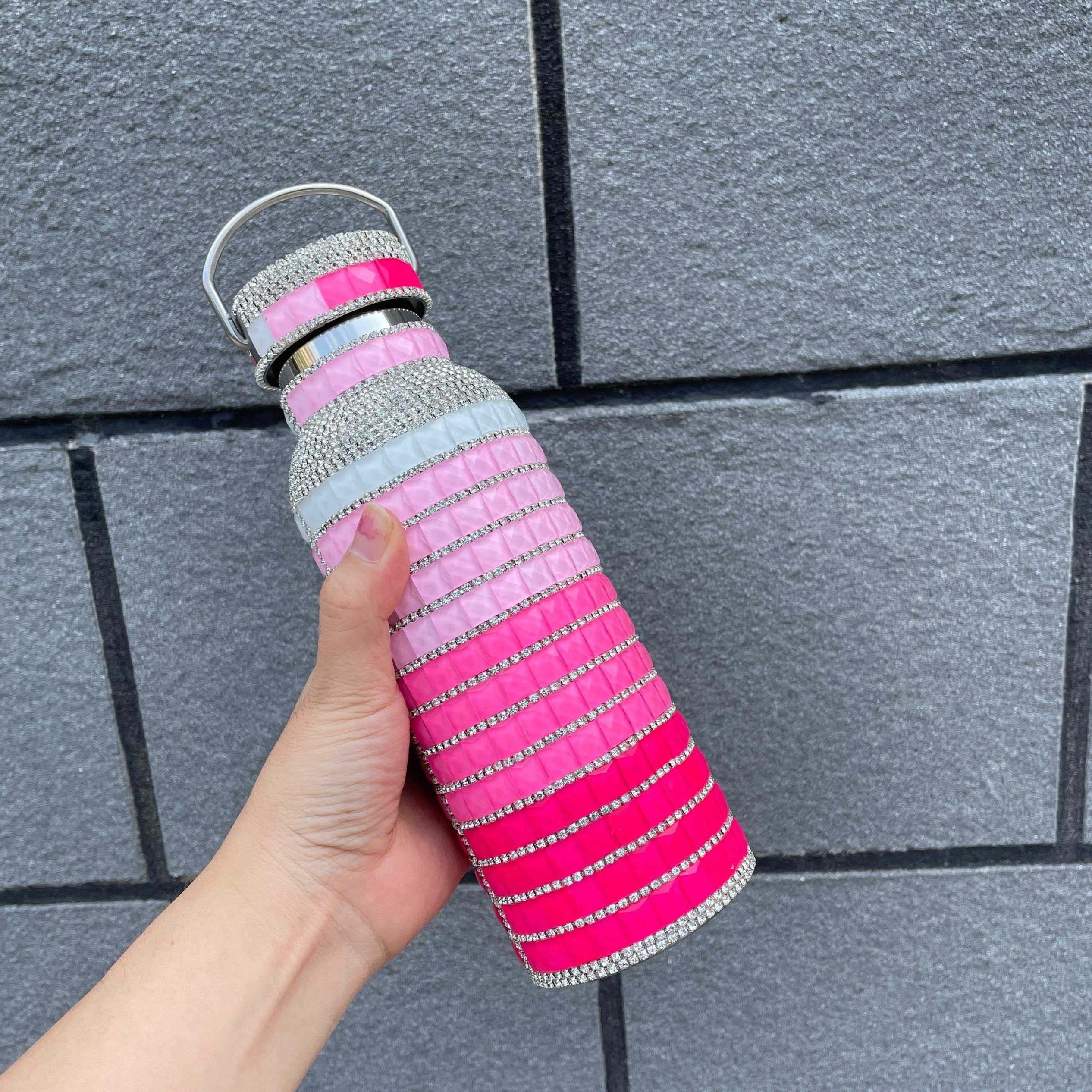 ombre pink glitter Rhinestone Thermal Refillable Water Bottle Stainless Steel Insulated bling diamond water bottle with Chain