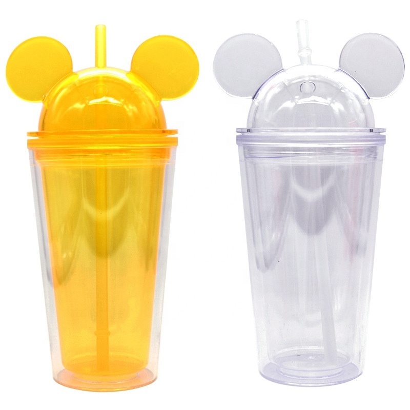 wholesale 16oz 480ml Acrylic mouse ears tumblers cups with lid and straw double wall acrylic tumbler