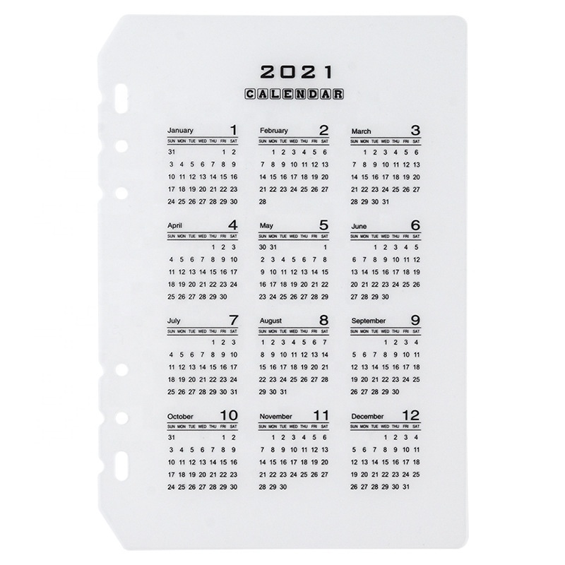 A5 A6 Loose-leaf 2021 Calendar Partition Baffle PP Transparent Matte Standard 6 calender for a6 binder