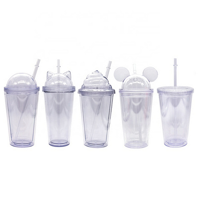 wholesale 16oz 480ml Acrylic mouse ears tumblers cups with lid and straw double wall acrylic tumbler