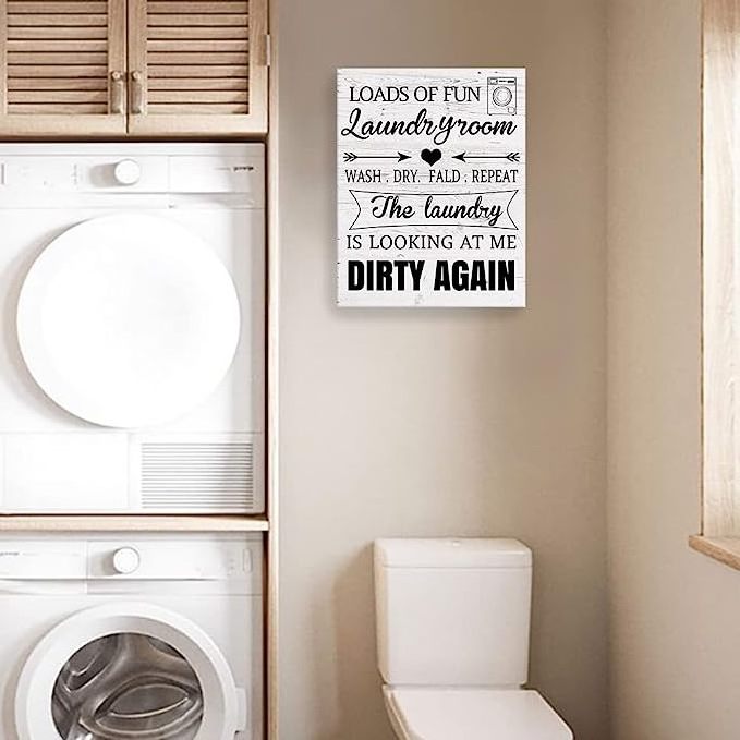 Loads of Fun Vintage Farmhouse Laundry Room Sign Canvas Wall Art Laundry Rules Framed Plaque Bathroom