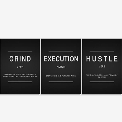 Inspirational Wall Art 3 Panels Framed Office Poster Prints Grind Hustle Execution Quote Positive Affirmation Motivational