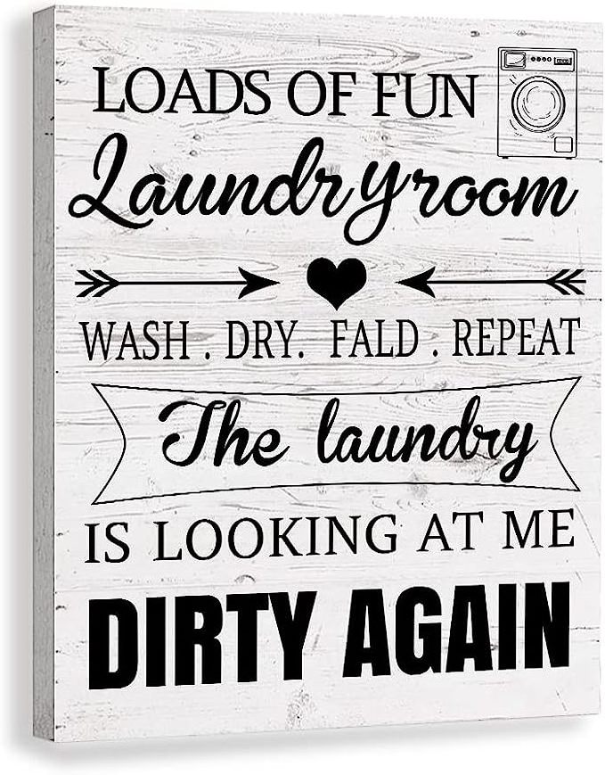 Loads of Fun Vintage Farmhouse Laundry Room Sign Canvas Wall Art Laundry Rules Framed Plaque Bathroom