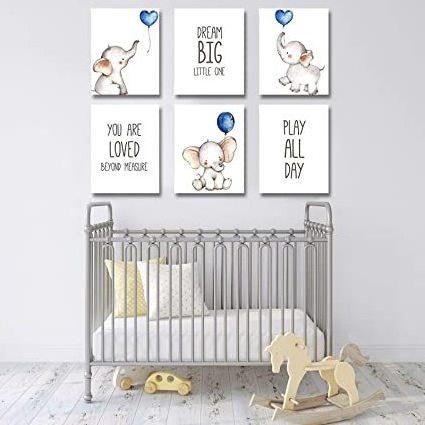 Unframed Baby Boy Nursery Wall Art Prints, Blue Elephant Nursery Wall Decor for Baby Boy Nursery, Boy's Room