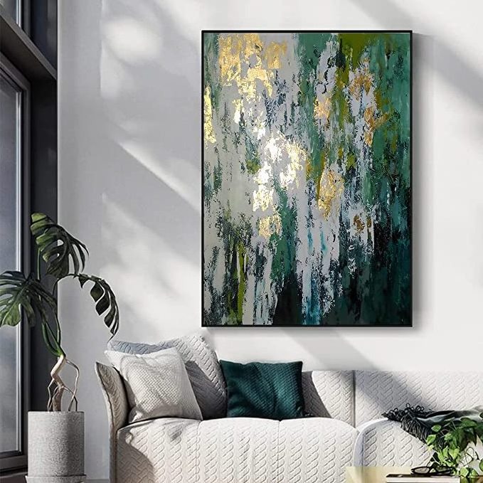 Green and Grey Painting Green and Gold Picture Gold Foil Artwork Abstract Black Green and Gold Canvas Wall Art