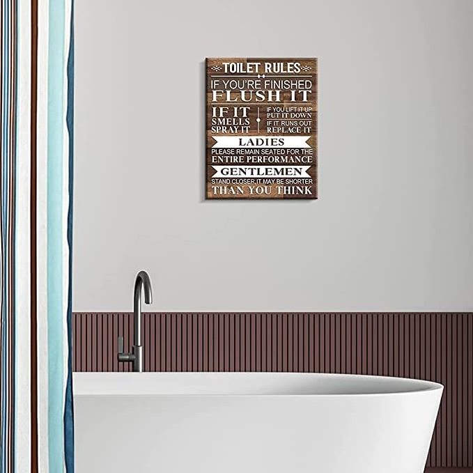 Wall art paintings High quality Bathroom Canvas Wall Art Rustic Funny Toilet Rules Prints Signs Framed Wood Background Bath Room