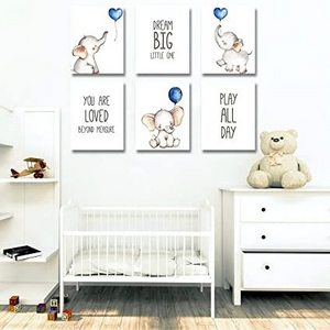 Unframed Baby Boy Nursery Wall Art Prints, Blue Elephant Nursery Wall Decor for Baby Boy Nursery, Boy's Room