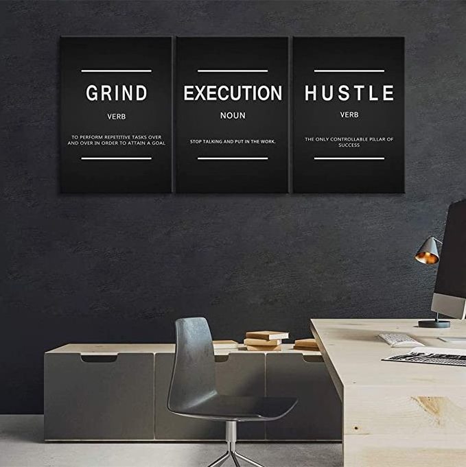 Inspirational Wall Art 3 Panels Framed Office Poster Prints Grind Hustle Execution Quote Positive Affirmation Motivational