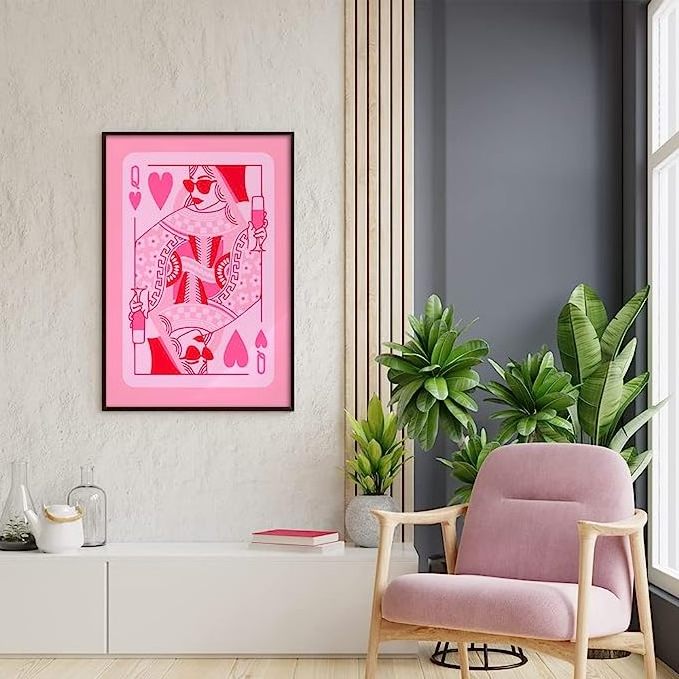 pink Queen of Hearts poker aesthetic posters funny preppy playing card canvas wall art paintings game room prints painting