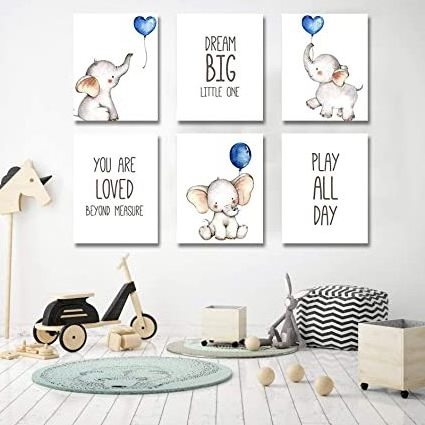 Unframed Baby Boy Nursery Wall Art Prints, Blue Elephant Nursery Wall Decor for Baby Boy Nursery, Boy's Room