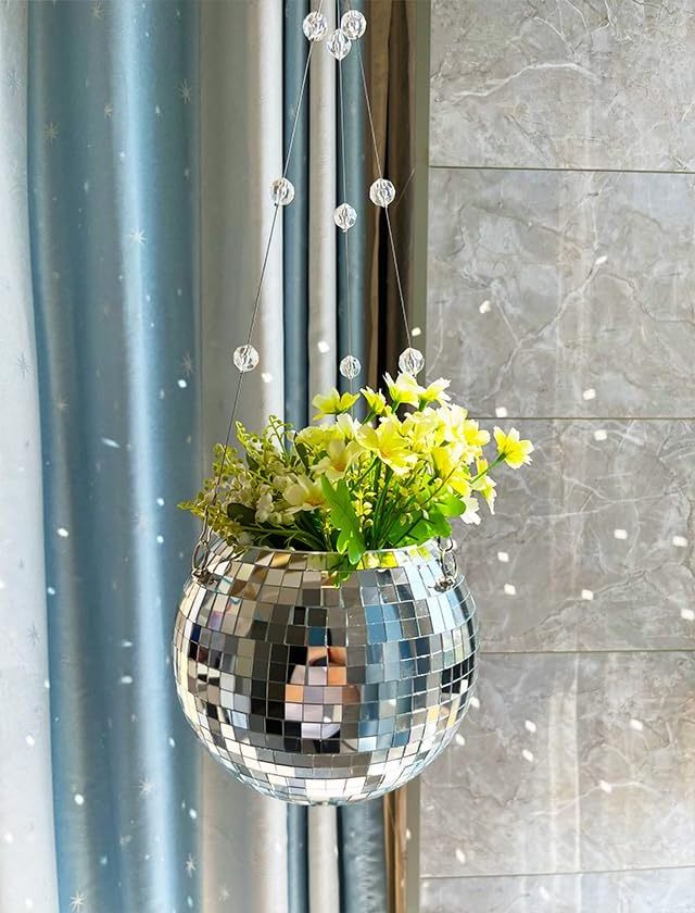 Wholesale Window Decor Hanging Disco Ball Planter Basket Sun Catcher Disco Ball Plant Hanger with Base flower pots