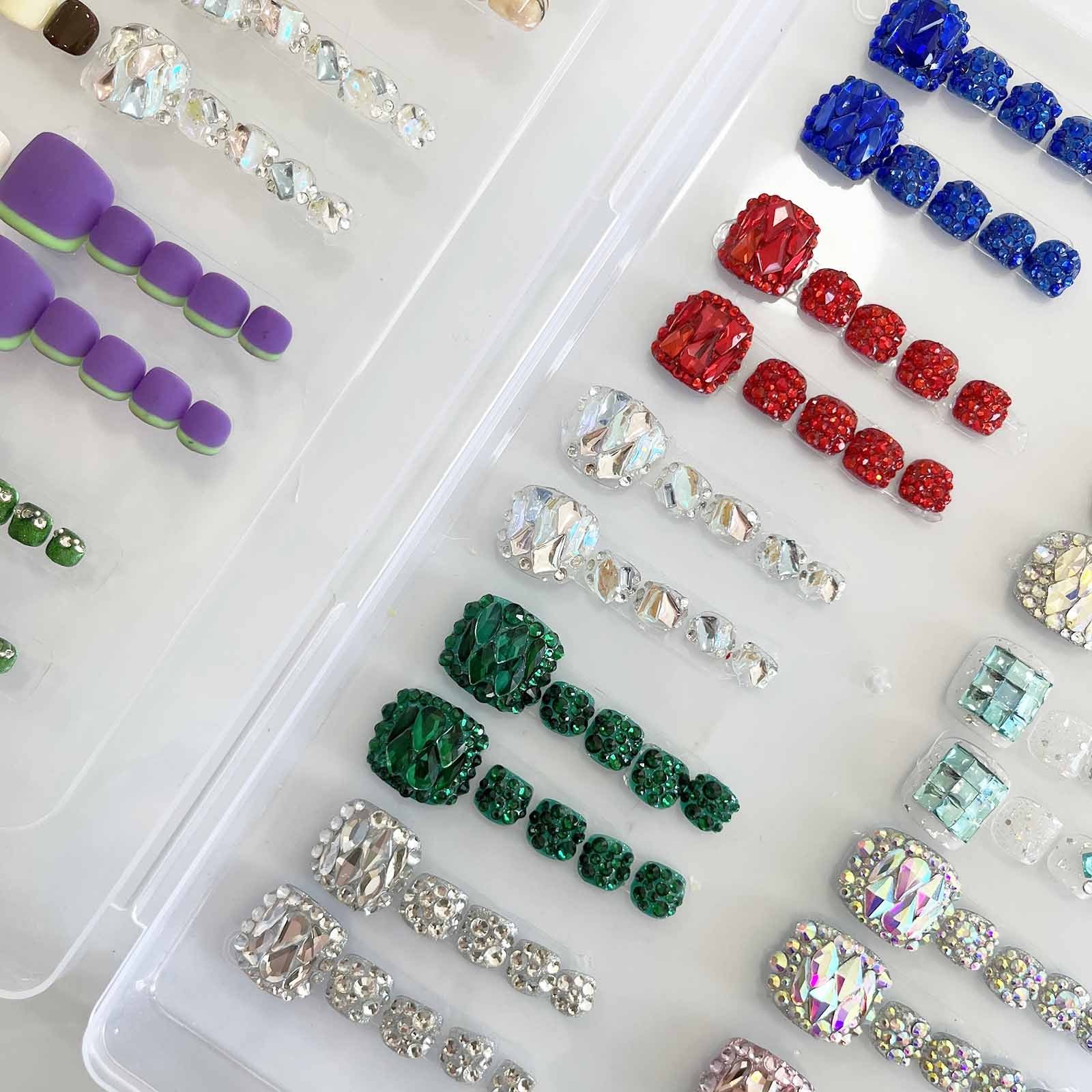 Handmade Press on Toe Nails Mixed Color Toe Nails with Clear Multi-Shaped Shiny Rhinestones Full Cover wearable nail patches