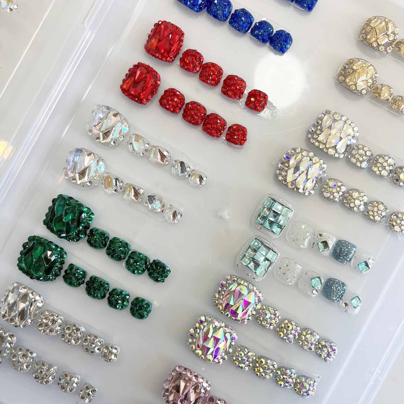 Handmade Press on Toe Nails Mixed Color Toe Nails with Clear Multi-Shaped Shiny Rhinestones Full Cover wearable nail patches