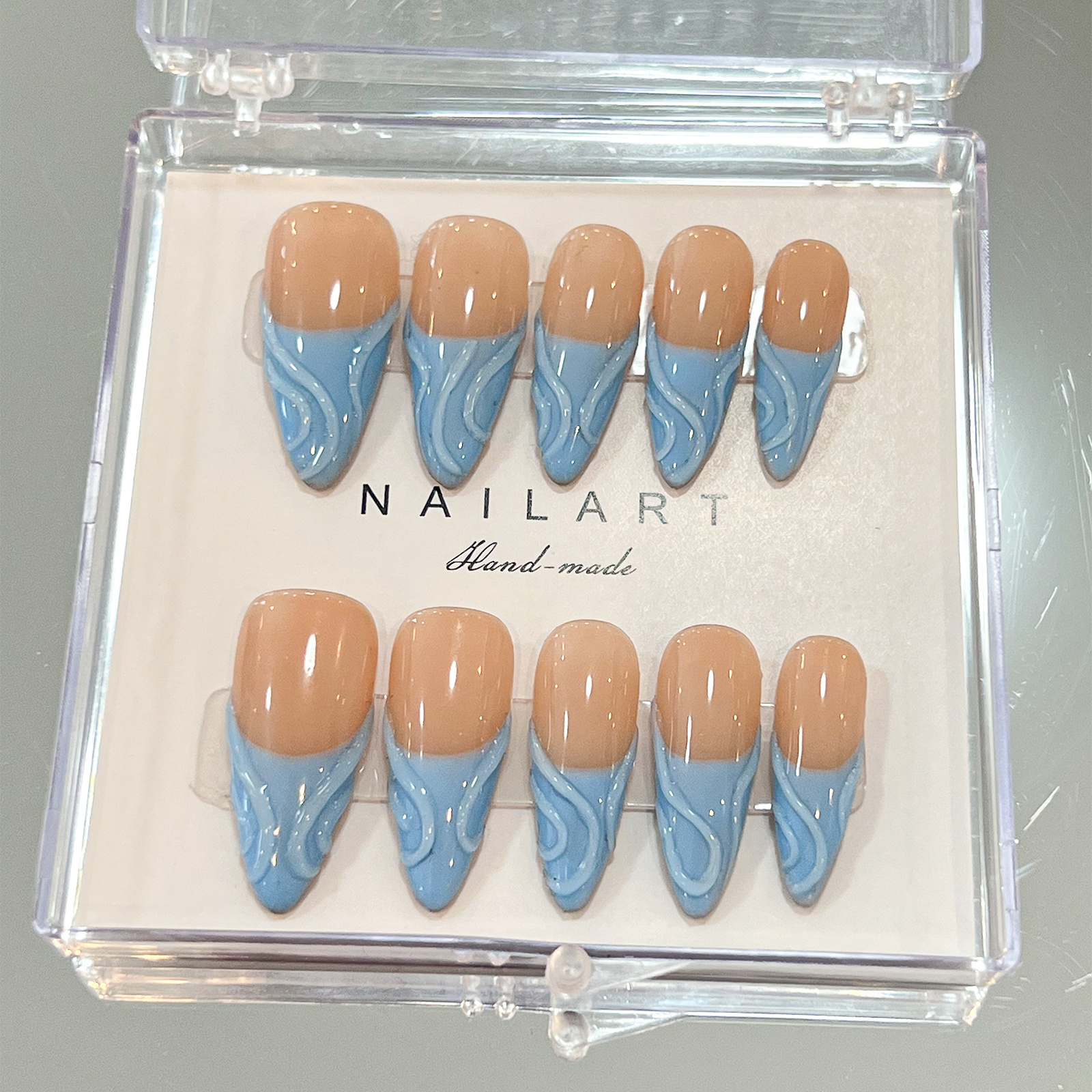 French Tip Handmade Press on Nails Long Pointed Almond Blue tips and Nude Nails  Full Cover wearable nail patches