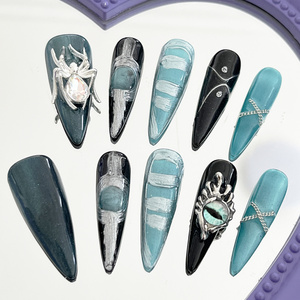 Punk Creative Stiletto Blue Black False Nails with Metal Spider Design Full Cover High Quality Press On Nails