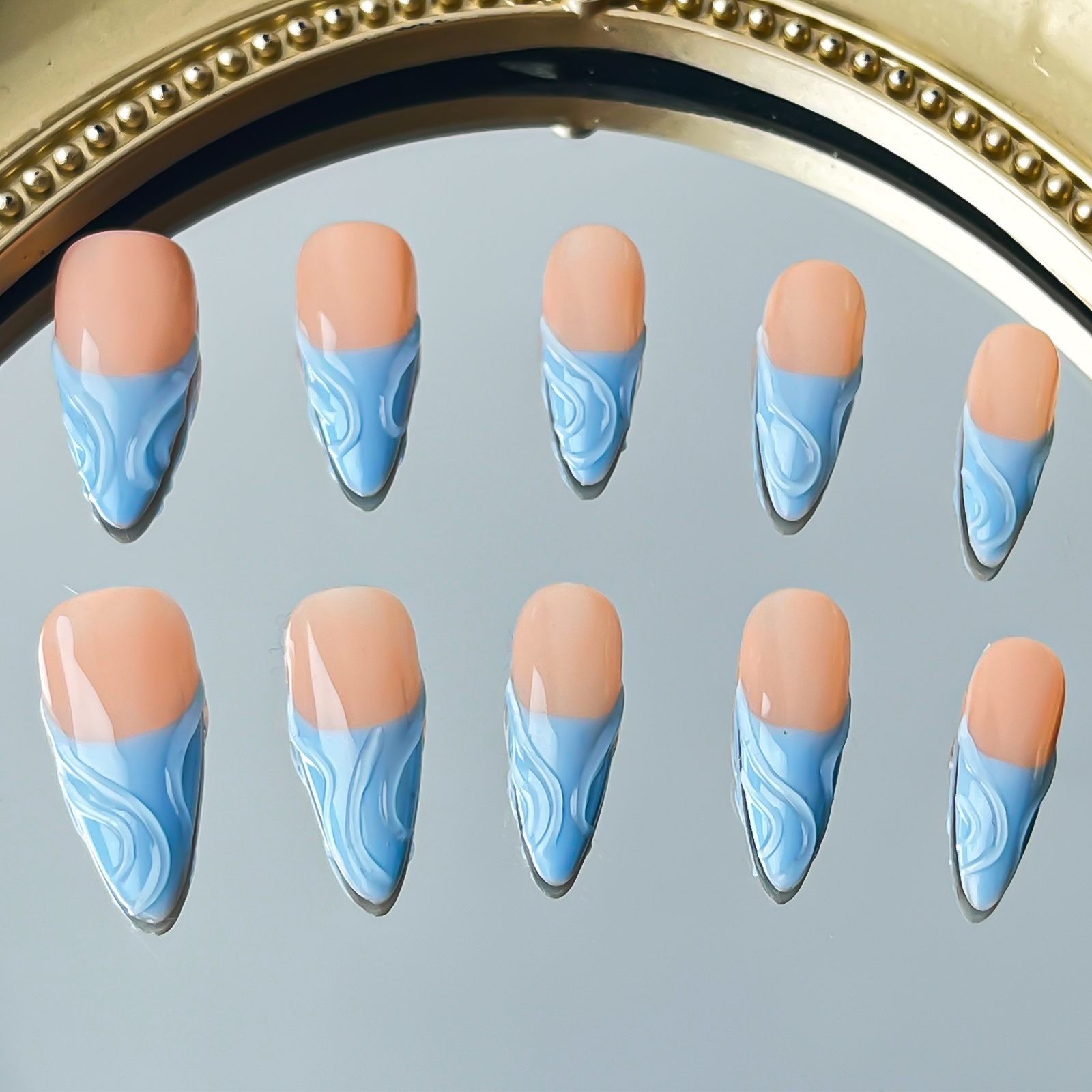 French Tip Handmade Press on Nails Long Pointed Almond Blue tips and Nude Nails  Full Cover wearable nail patches