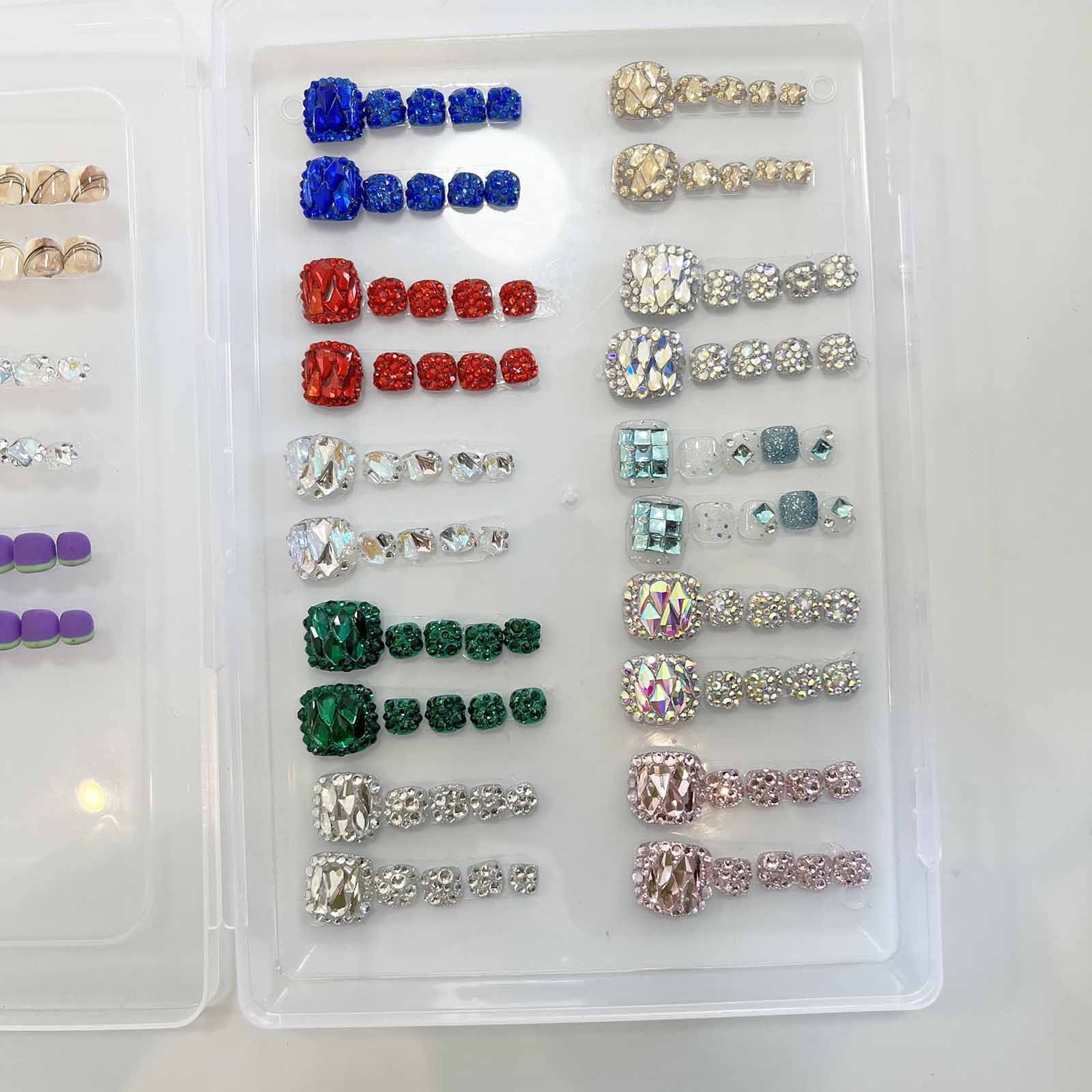 Handmade Press on Toe Nails Mixed Color Toe Nails with Clear Multi-Shaped Shiny Rhinestones Full Cover wearable nail patches