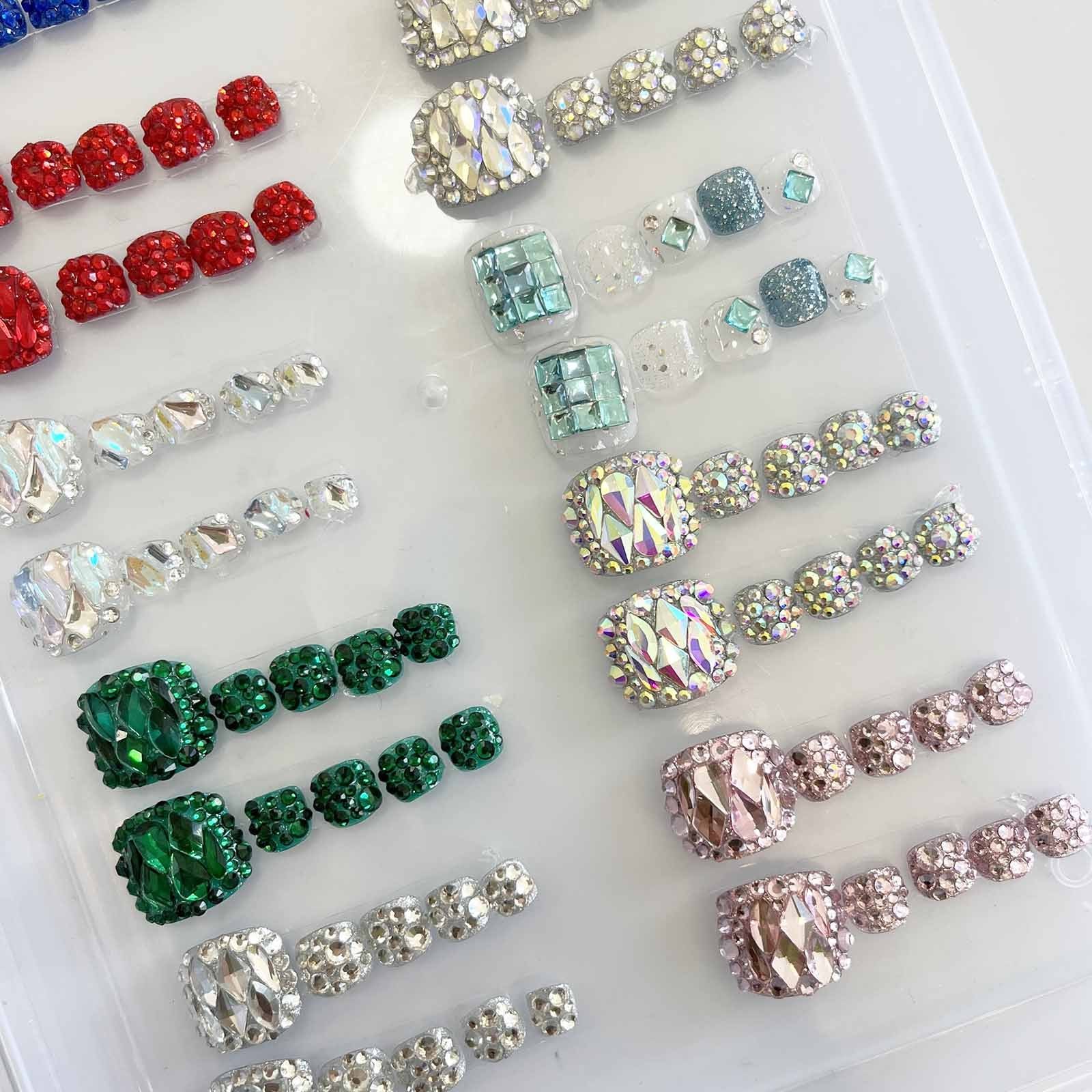 Handmade Press on Toe Nails Mixed Color Toe Nails with Clear Multi-Shaped Shiny Rhinestones Full Cover wearable nail patches