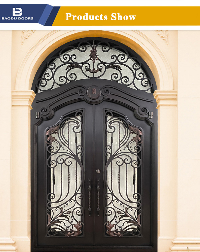 Bowdeu Factory arched wrought iron doors double exterior front security metal doors price