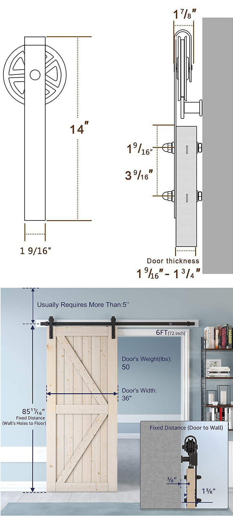 Bowdeu Doors exterior barn door hardware kit rustic ceiling mounted sliding wood barn doors