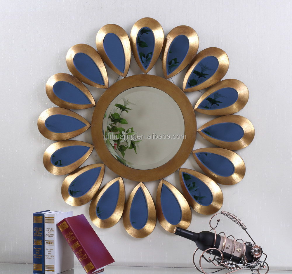 Round peacock antique gold gift leaf framed wall mirror art with decorative blue mirrors around