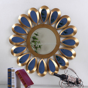 Round peacock antique gold gift leaf framed wall mirror art with decorative blue mirrors around