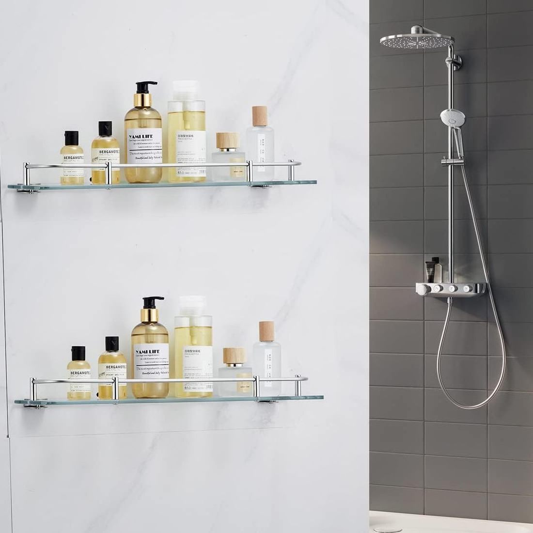 Glass Shower Shelves for Bathroom Rectangular Tempered Glass Floating Shelves for Wall with 304 Stainless Steel