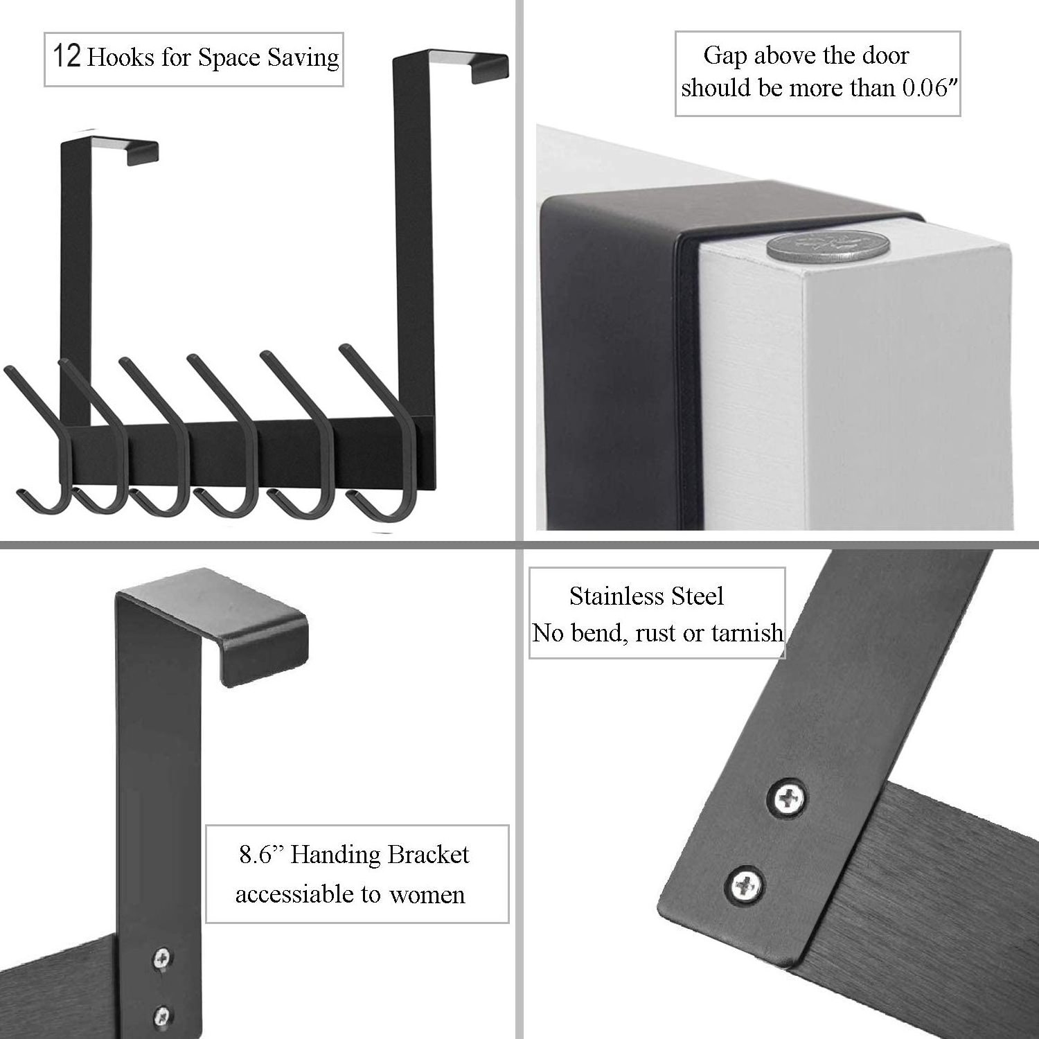 Over The Door Hook, Stainless Steel Heavy Duty Over Door Hanger for Coats Robe Hats Towels Bathroom Organizer Towel Rack, 12 Hoo