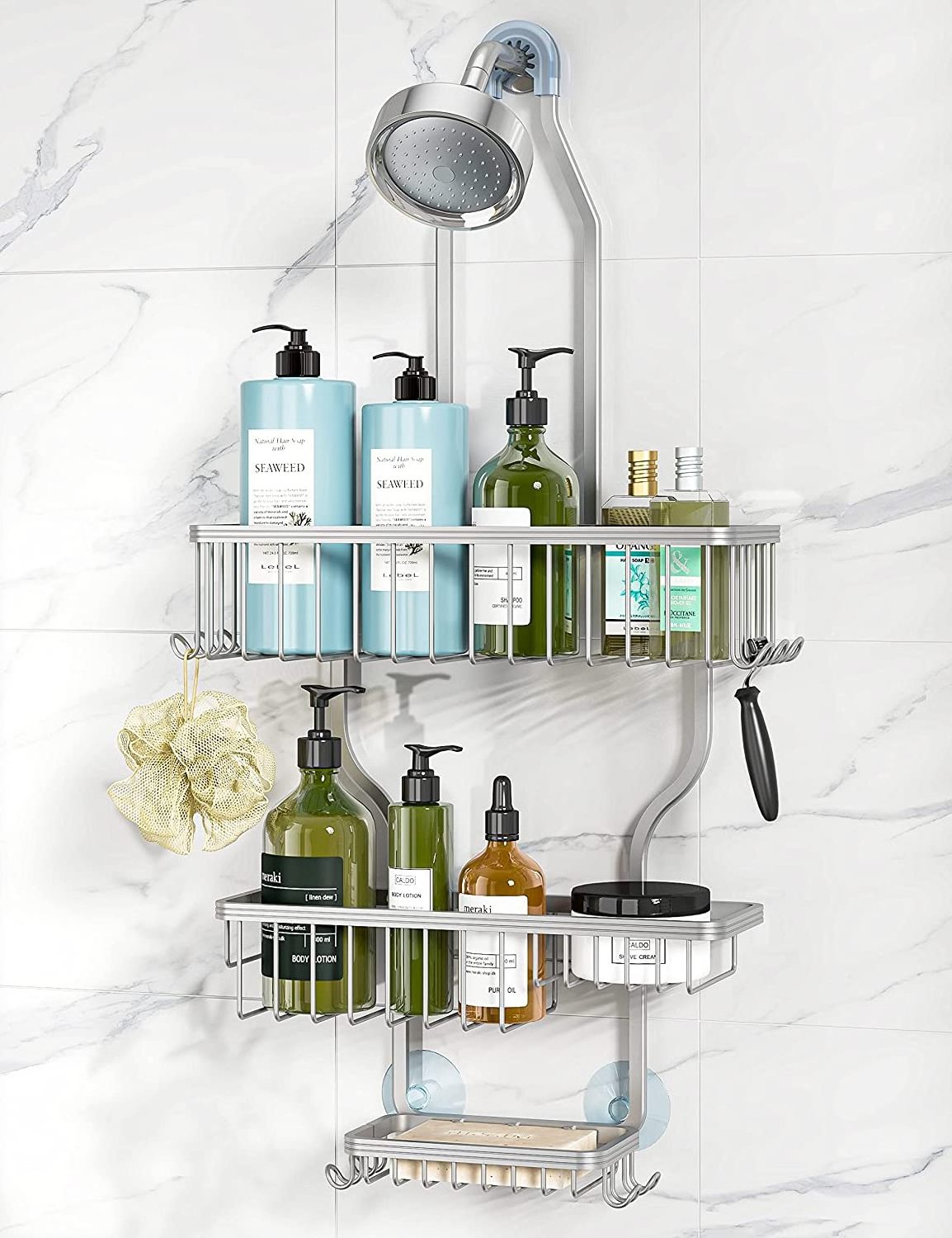 Shower Caddy Over Shower Head Never Rust Aluminum Large Hanging Shower Caddy with 10 Hooks for Razor/Sponge