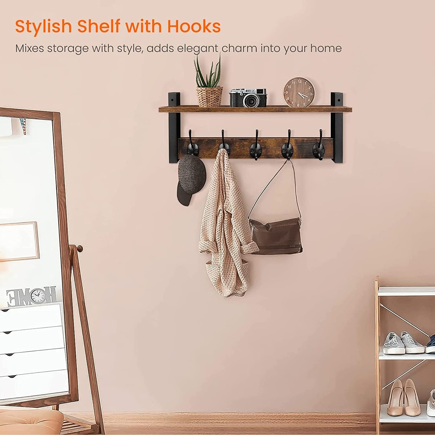 Wall Hooks with Shelf, Wood Coat Rack with Shelf Wall Mounted, Entryway Hanging Shelf with 5 Metal Hooks for Clothes