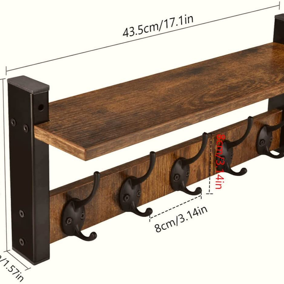 Wall Hooks with Shelf, Wood Coat Rack with Shelf Wall Mounted, Entryway Hanging Shelf with 5 Metal Hooks for Clothes