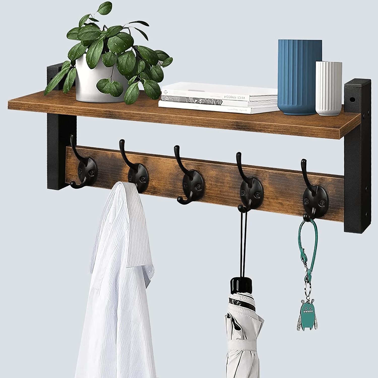 Wall Hooks with Shelf, Wood Coat Rack with Shelf Wall Mounted, Entryway Hanging Shelf with 5 Metal Hooks for Clothes