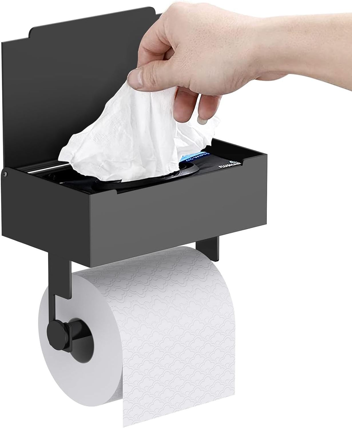 Toilet Paper Roll Holder Multifunctional Stainless Steel Black Phone Shelf Lid Storage Box Toilet Paper Holder With Shelf