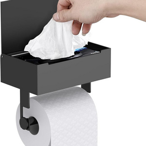 Toilet Paper Roll Holder Multifunctional Stainless Steel Black Phone Shelf Lid Storage Box Toilet Paper Holder With Shelf