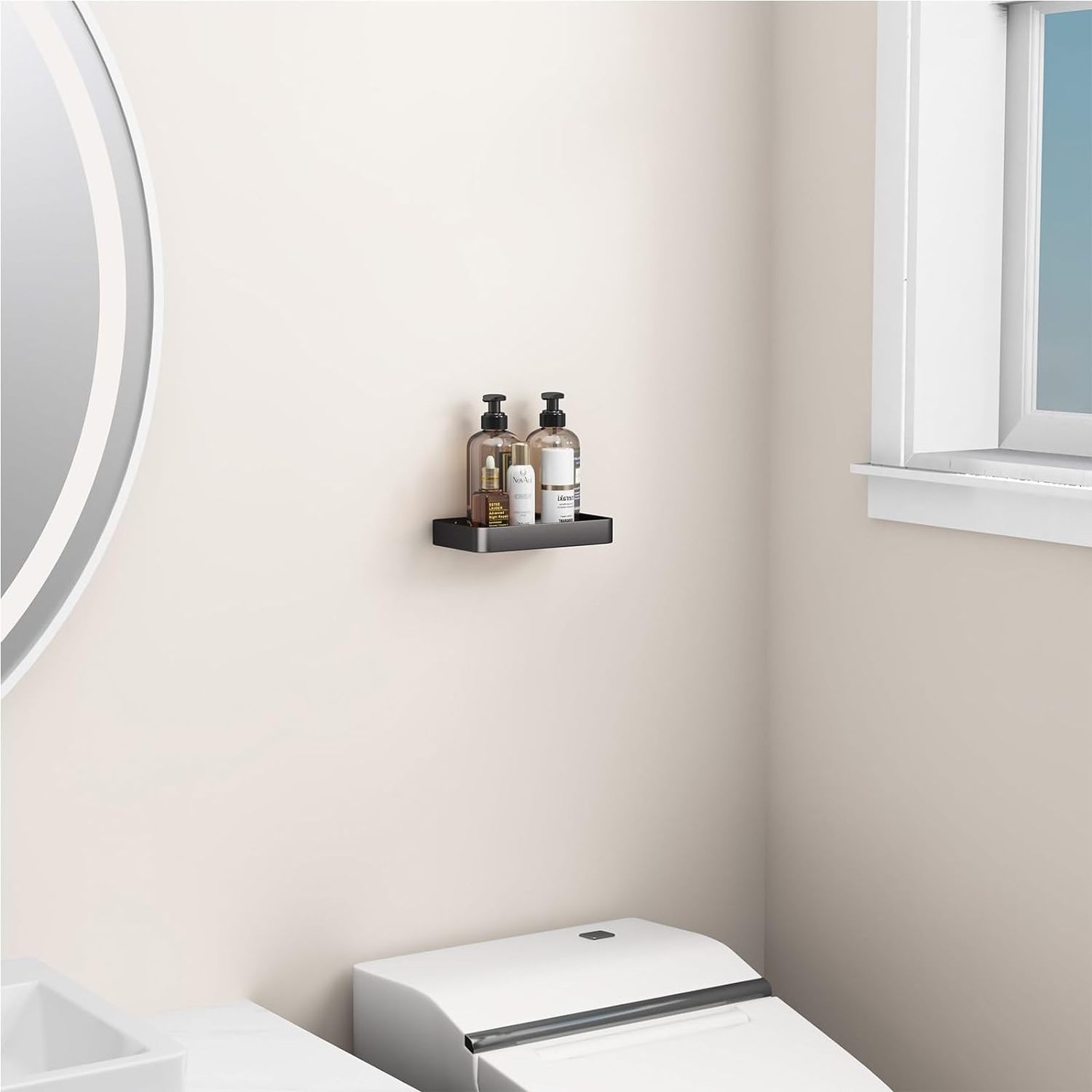 Black Small Glass Floating Shelf for Bathroom Organizer Wall Mounted