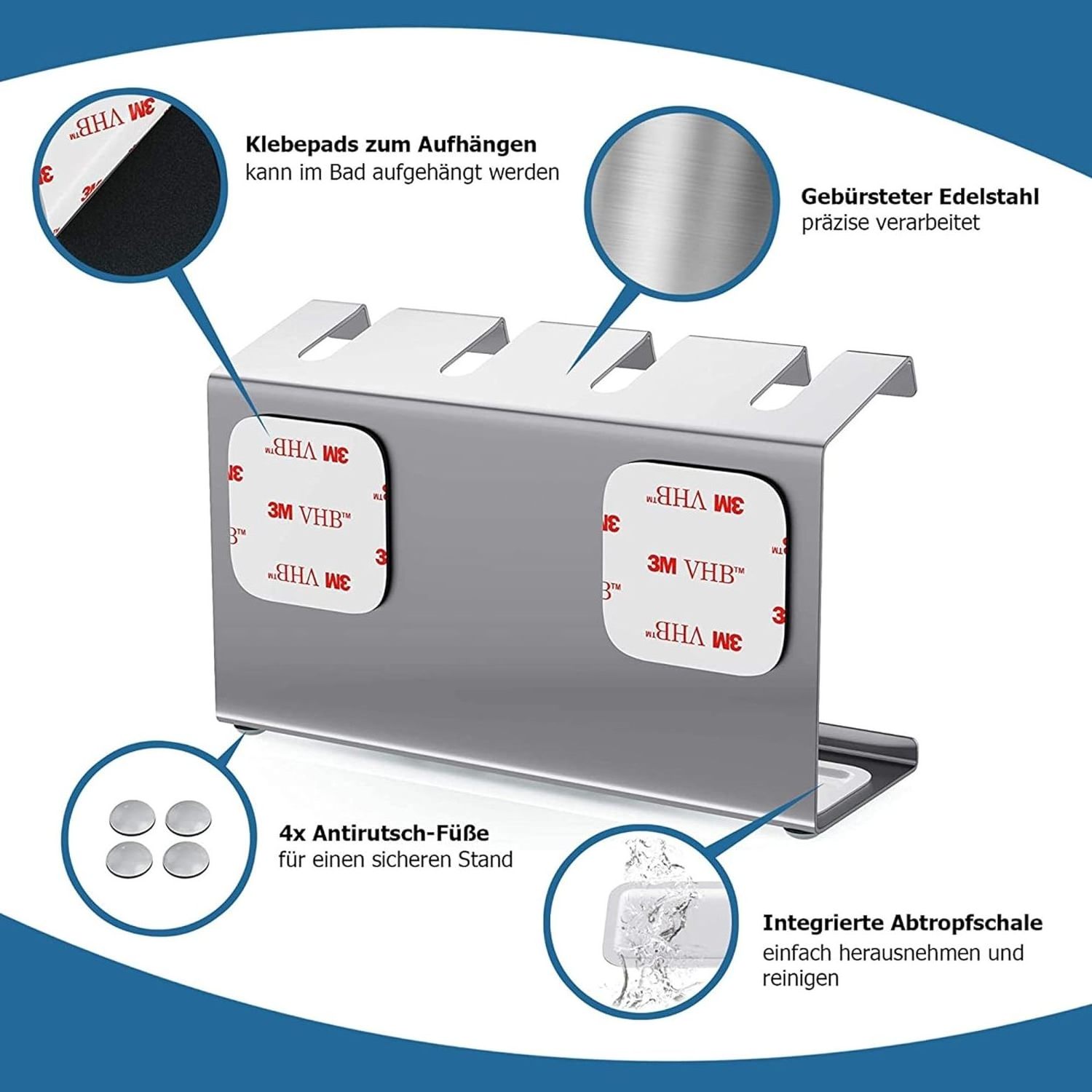 Stainless Steel Toothbrush Holder for 4 Toothbrush Heads with Collection Tray