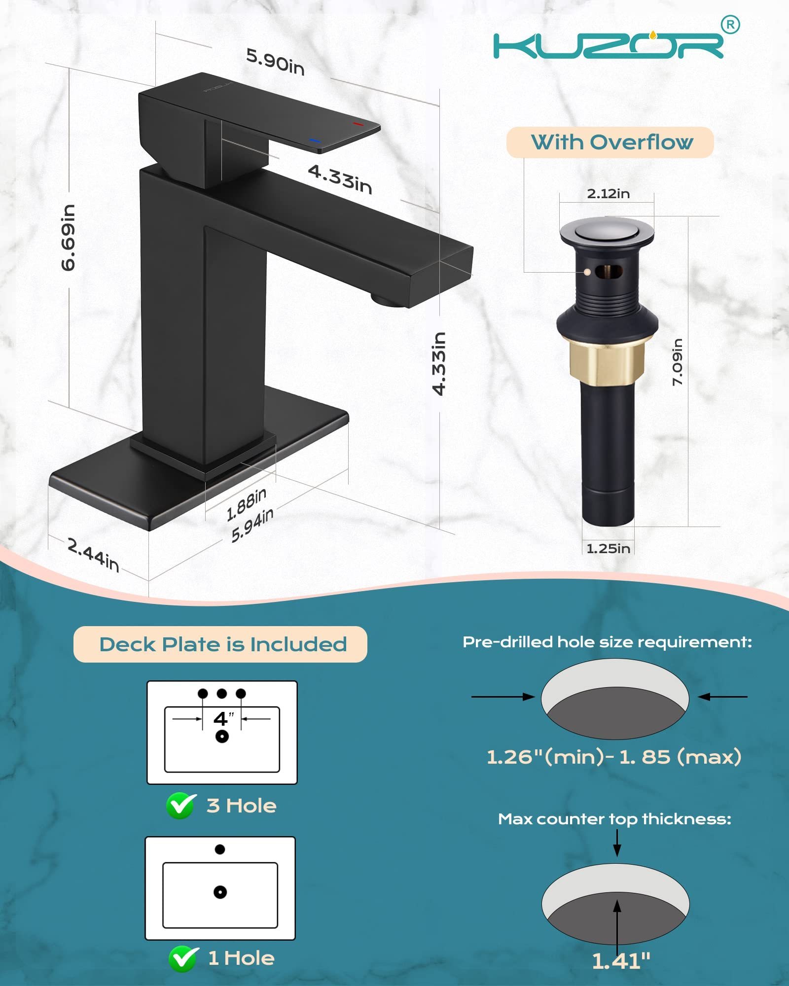 1 Hole 3 Hole Single Handle Bathroom Sink Faucet Matte Black Stainless Steel Modern Square Faucet For Bathroom Sink