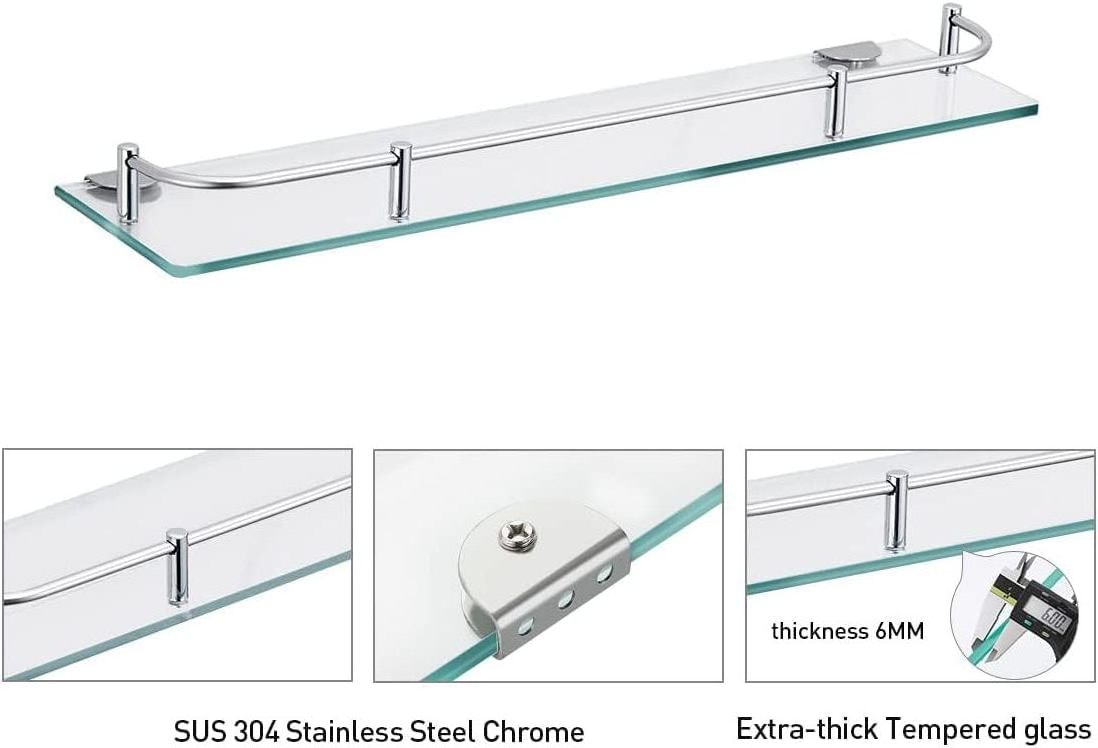 Glass Shower Shelves for Bathroom Rectangular Tempered Glass Floating Shelves for Wall with 304 Stainless Steel