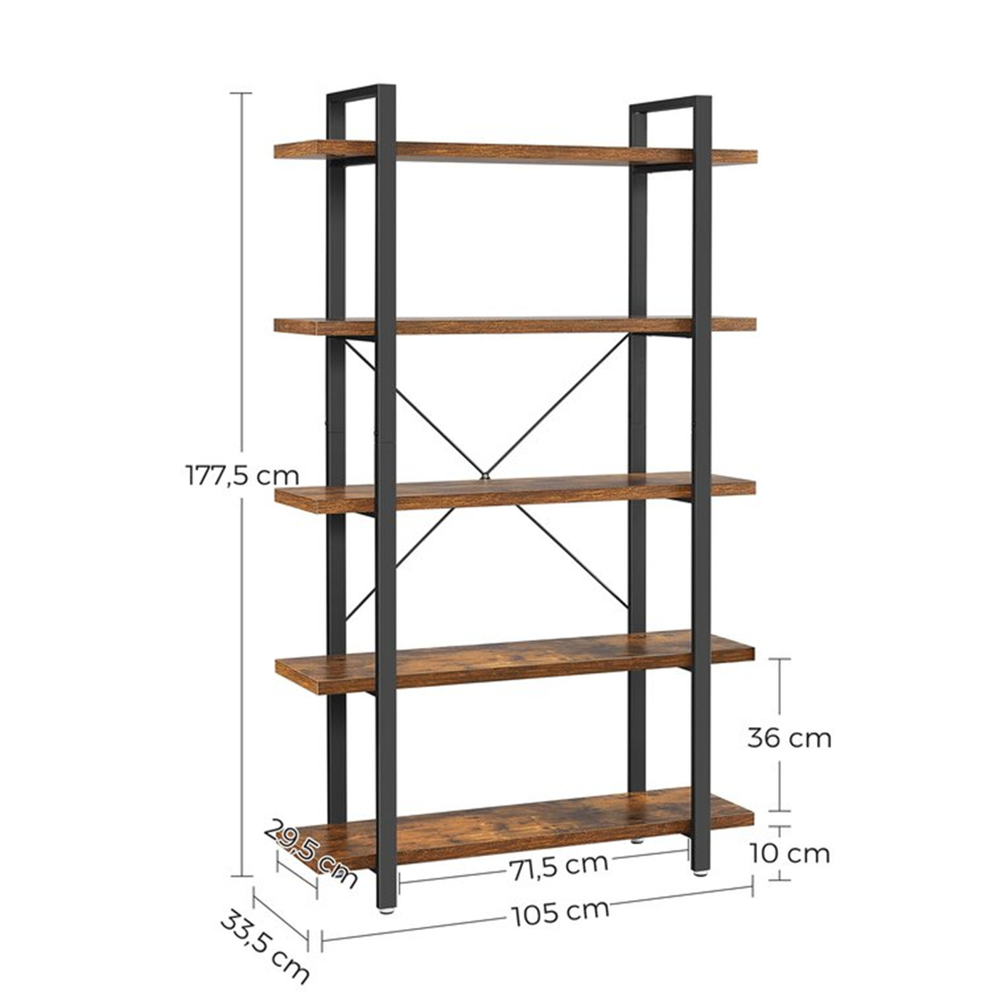 Ladder Shelf 5-Tier Book Shelf Slanted Wall Shelf for Living Room Kitchen Office 105Cm H x 177.5Cm W Steel Standard Bookcase